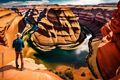 Happy man on the edge of the cliff. Horseshoe Bend Canyon in Page, Arizona. Adventure and tourism concept