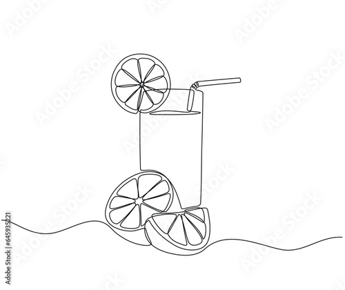 Orange juice in a glass accompanied by orange fruit slices in continuous line art drawing style. Single line concept of orange juice and orange fruit slices in doodle style on white background. Vector