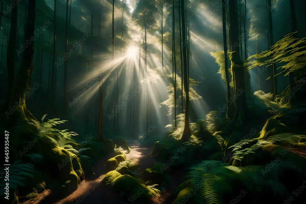 Obraz premium rays of light in the forest