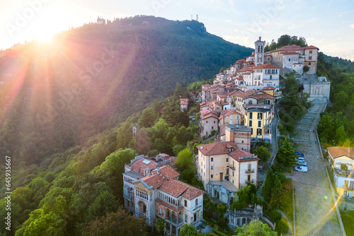 Aerial view of Sacro Monte di Varese during golden hour, Santa Maria del Monte, Varese, Italy