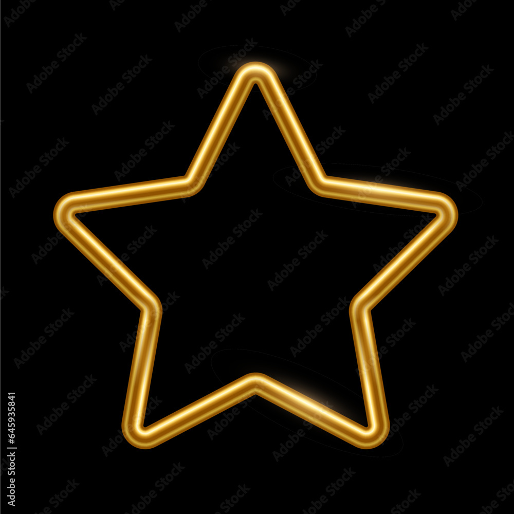 Gold star shape frame. Blank space, 3d realistic tube template for ranking or rating vector illustration. Simple golden object mockup isolated on black background Gold star shape frame. Blank space, 3d realistic tube template for ranking or rating vector illustration. Simple golden object mockup isolated on black background