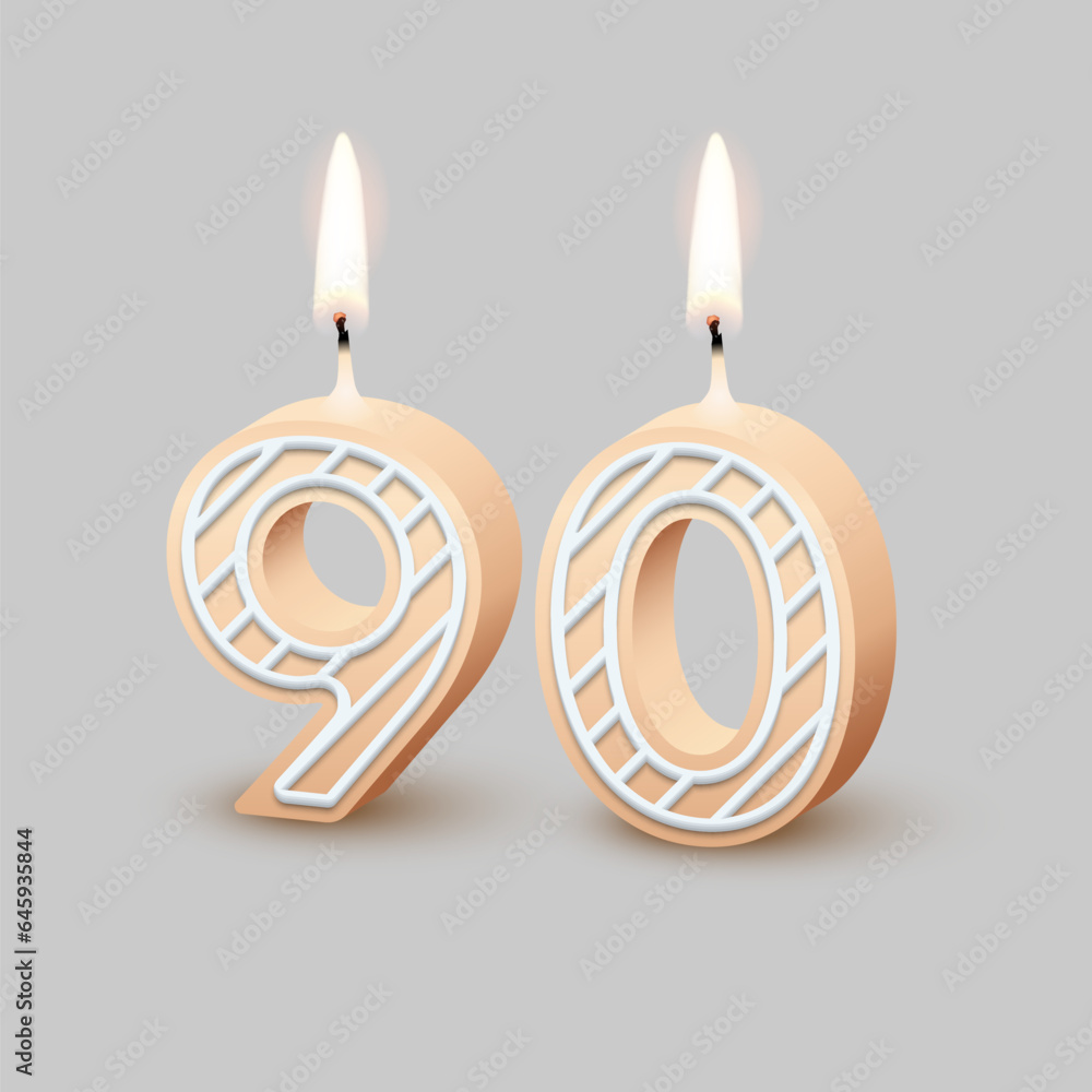 Birthday number ninety, candle with fire vector illustration. 3D beige number 90 with icing, candlelight for birthday or anniversary cake and happy party, invitation and greeting card design Birthday number ninety, candle with fire vector illustration. 3D beige number 90 with icing, candlelight for birthday or anniversary cake and happy party, invitation and greeting card design