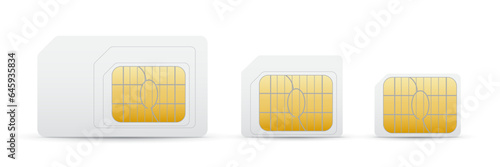 Set of different sizes SIM cards. White SIM, micro and nano cards with gold chip for mobile phone. Vector gsm simcards 3d design isolated on white background