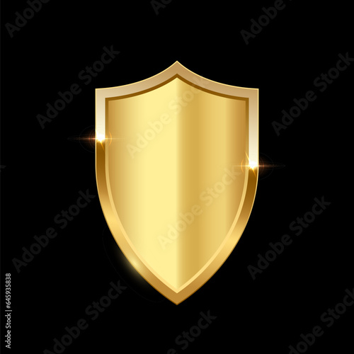 Gold shield vector illustration. Realistic isolated golden armory trophy with metal coat, 3d luxury safety protection emblem, vintage blank shiny royal award