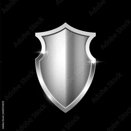 Gold shield vector illustration. Realistic isolated golden armory trophy with metal coat, 3d luxury safety protection emblem, vintage blank shiny royal award isolated on black background
