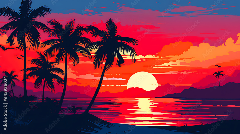 Risograph styled illustration, digital Illustration, of a tropical island with a romantic sunset 