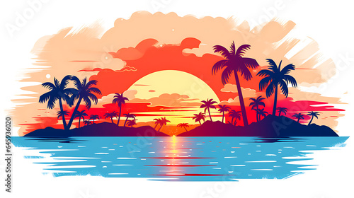 Risograph styled illustration, digital Illustration, of a tropical island with a romantic sunset 