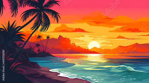 Risograph styled illustration, digital Illustration, of a tropical island with a romantic sunset 