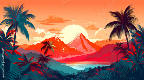 Risograph styled illustration  digital Illustration  of a tropical island with a romantic sunset 