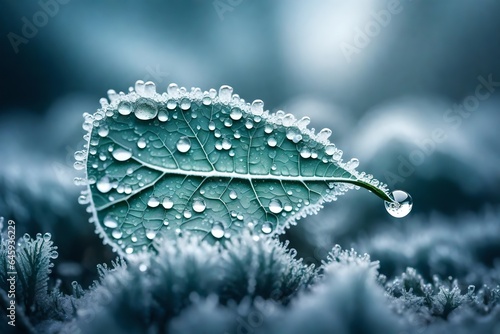 In a frost-covered forest, a closeup of a single dewdrop clings to a leaf. The frozen world around it adds a sense of stillness and wonder to this tiny, glistening gem.  