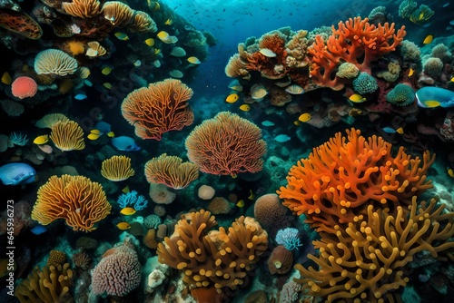 The vivid colors and patterns of a coral reef, a kaleidoscope of marine biodiversity. 