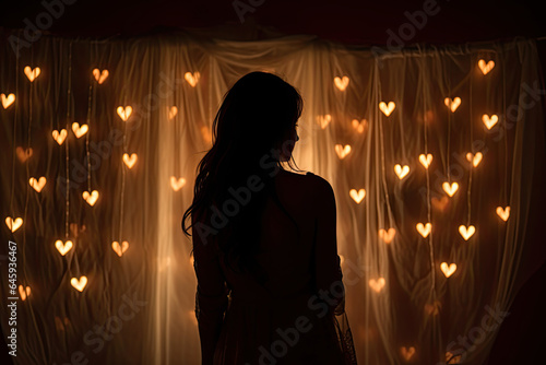 woman sitting on sofa at home, heart shaped lanterns, fairy lights  © reddish