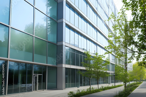 Eco-friendly building in the modern city. Sustainable glass office building with tree for reducing carbon dioxide. Office building with green environment. Corporate building reduce CO2. Outside view