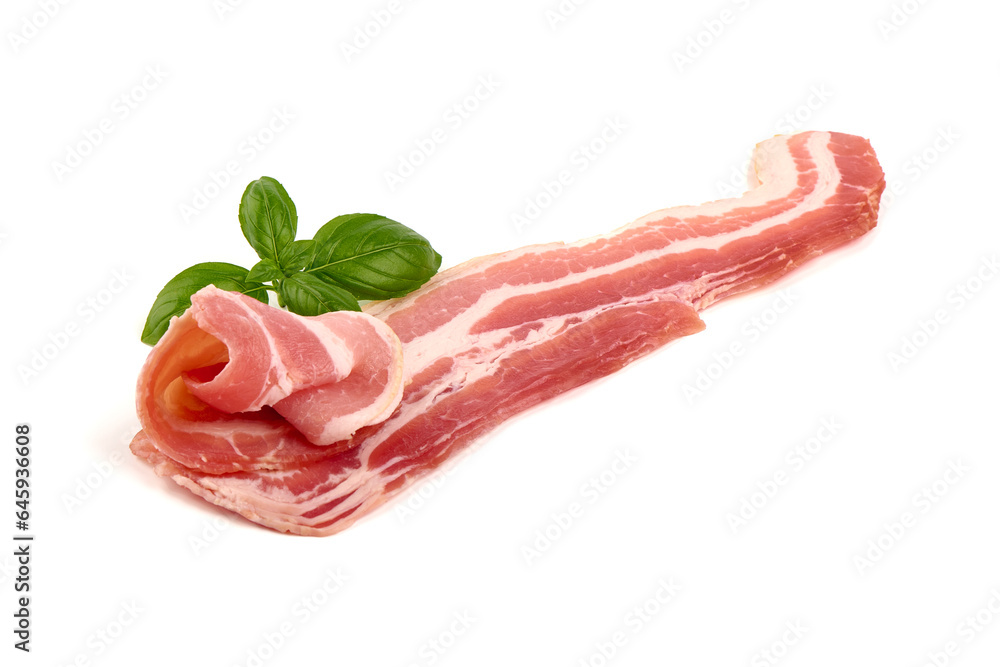 Smoked bacon slices, isolated on white background. Smoked bacon slices, isolated on white background.