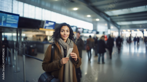 Young mixed race attractive woman holding flight tickets inside airport - Model by AI generative