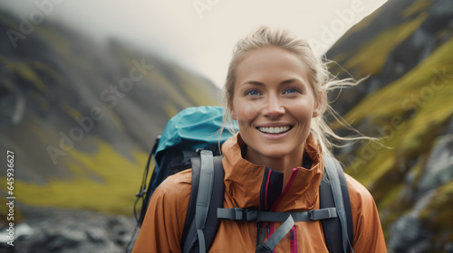 Young blond woman hikes through the mountains - Travel concept - Model by AI generative 
