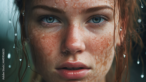 Closeup of a beauty redhaired caucasian woman with freckles outdoor during rainy day - Model by AI generative photo