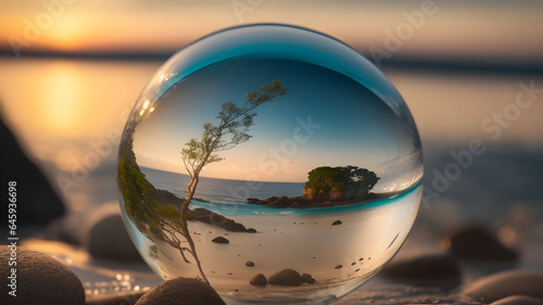 Beach reflected in glass ball.Peaceful Horizon  Reflection of a Scenic Sunset on a Beach. Serenity at sunset  beach  blue sky  reflective water  peaceful atmosphere.