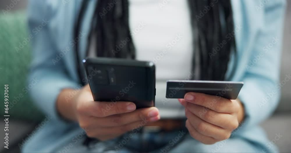 Woman, phone and hands with credit card in online shopping, payment or banking on living room sofa at home. Closeup of female person or shopper and debit on mobile smartphone or bank app in ecommerce Woman, phone and hands with credit card in online shopping, payment or banking on living room sofa at home. Closeup of female person or shopper and debit on mobile smartphone or bank app in ecommerce