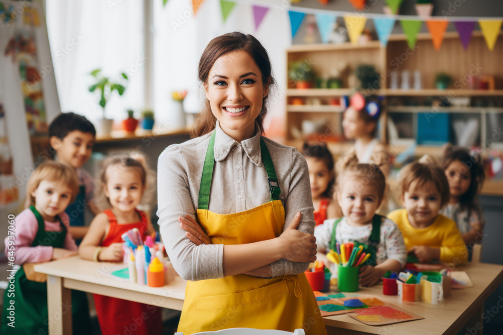 teacher looking at camera with her students in the background smiling with crossed arms teacher looking at camera with her students in the background smiling with crossed arms