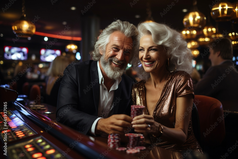 old couple enjoy in a casino drinking alcohol and using gambling chips