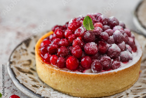 Close up of french dessert tart with fresh cowberry, cream and sugar powder on rustic background. Berry tartlet
