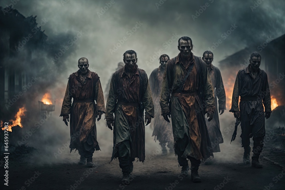 Apocalypse fantasy scene group of zombie walking. ai generative Apocalypse fantasy scene group of zombie walking. ai generative