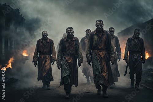Apocalypse fantasy scene group of zombie walking. ai generative