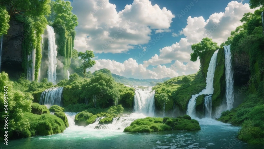 Spectacular 4K Waterfall Landscape: Stunning Greenery, Clouds, and Detailed Beauty