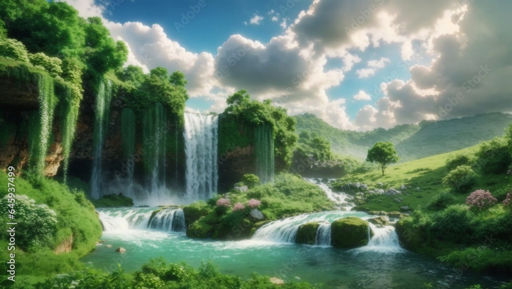 Fototapeta premium Spectacular 4K Waterfall Landscape: Stunning Greenery, Clouds, and Detailed Beauty