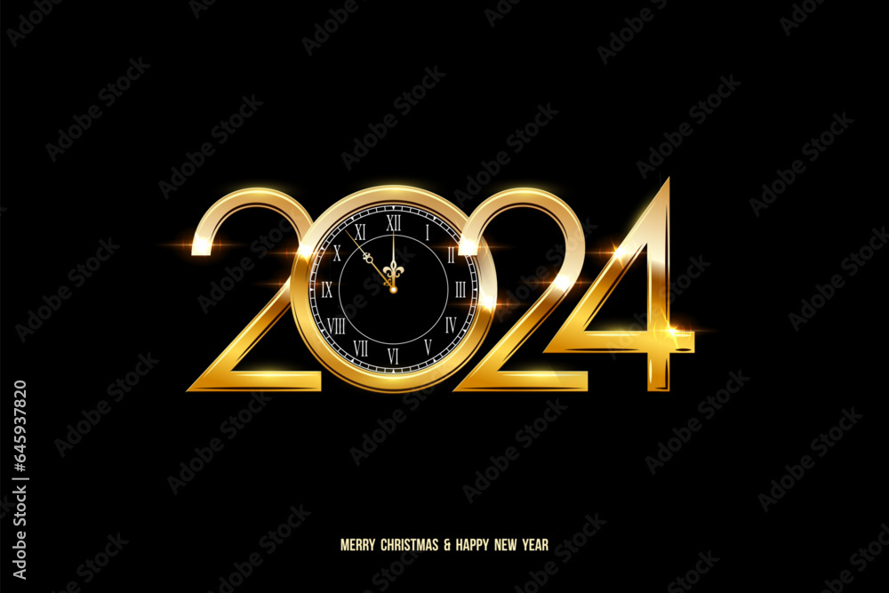 2024 Happy New Year clock countdown on black background. Gold shining watch with numbers for winter celebration. Greeting festive card vector illustration, holiday poster or wallpaper design