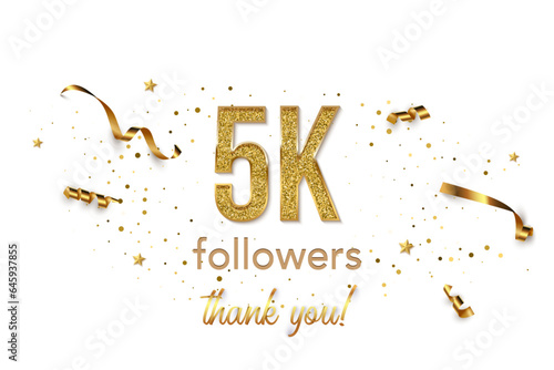 5000 followers celebration horizontal vector banner. Social media achievement poster. 5k followers thank you lettering. Golden sparkling confetti ribbons. Shiny gratitude text on white backdrop