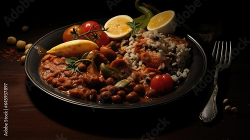 A plate of food with a spoon and a plate of food on it