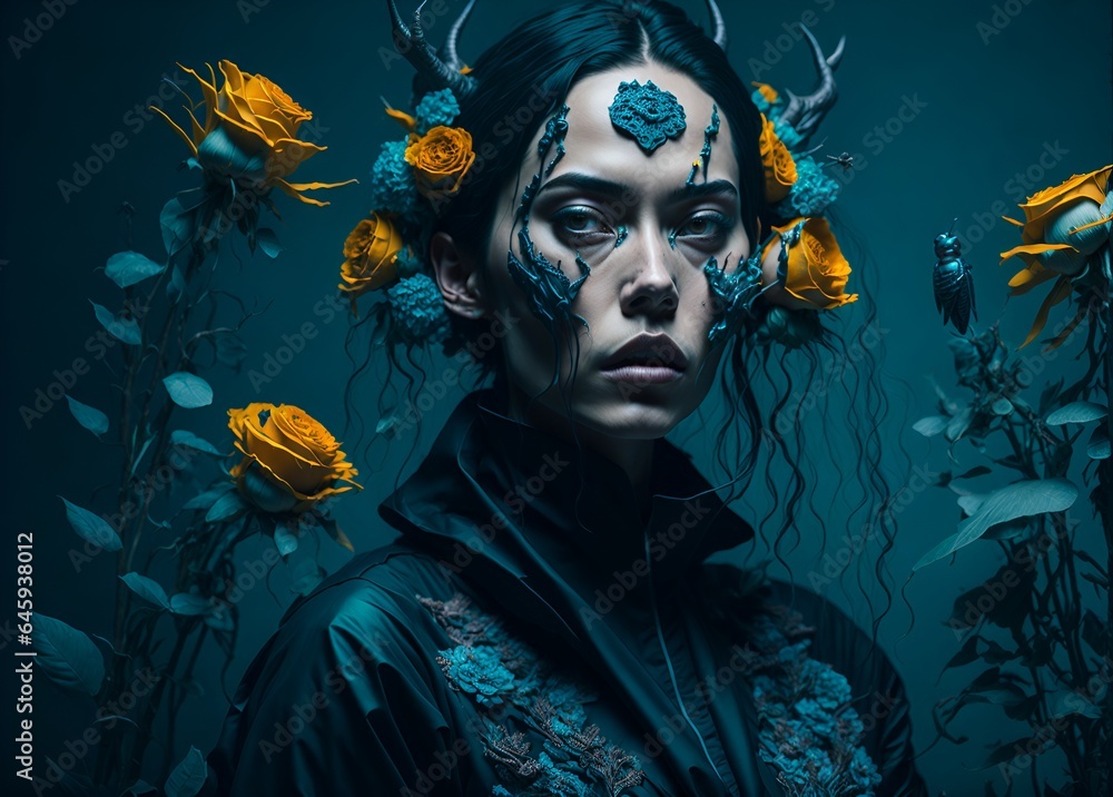 Girl underwater with fish and flowers. Mermaid with a cold look. Illustration for games and design projects. Image generated by artificial intelligence. Generative AI. Girl underwater with fish and flowers. Mermaid with a cold look. Illustration for games and design projects. Image generated by artificial intelligence. Generative AI.