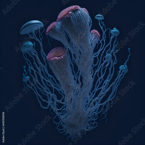 Mushroom spores similar to sea jellyfish. Background for botonic designs. Marine Biology. Image generated by artificial intelligence. Generative AI. Mushroom network. photo