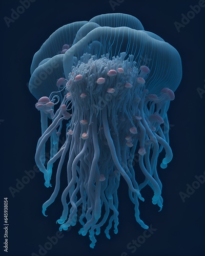 Mushroom spores similar to sea jellyfish. Background for botonic designs. Marine Biology. Image generated by artificial intelligence. Generative AI. Mushroom network. photo