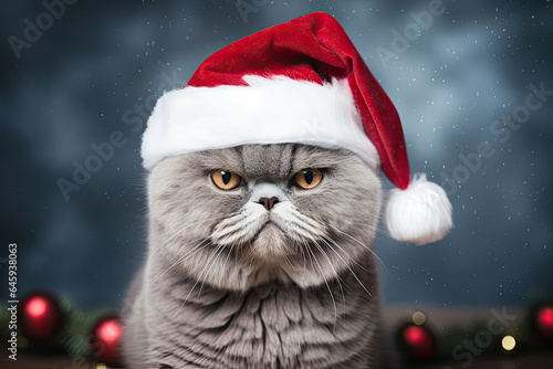 Angry cat wearing a red Christmas hat © reddish
