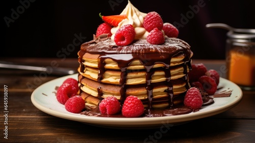 A plate of pancakes with chocolate syrup and strawberr