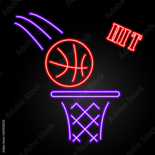 basketball hoop neon sign, modern glowing banner design, colorful modern design trend on black background. Vector illustration.