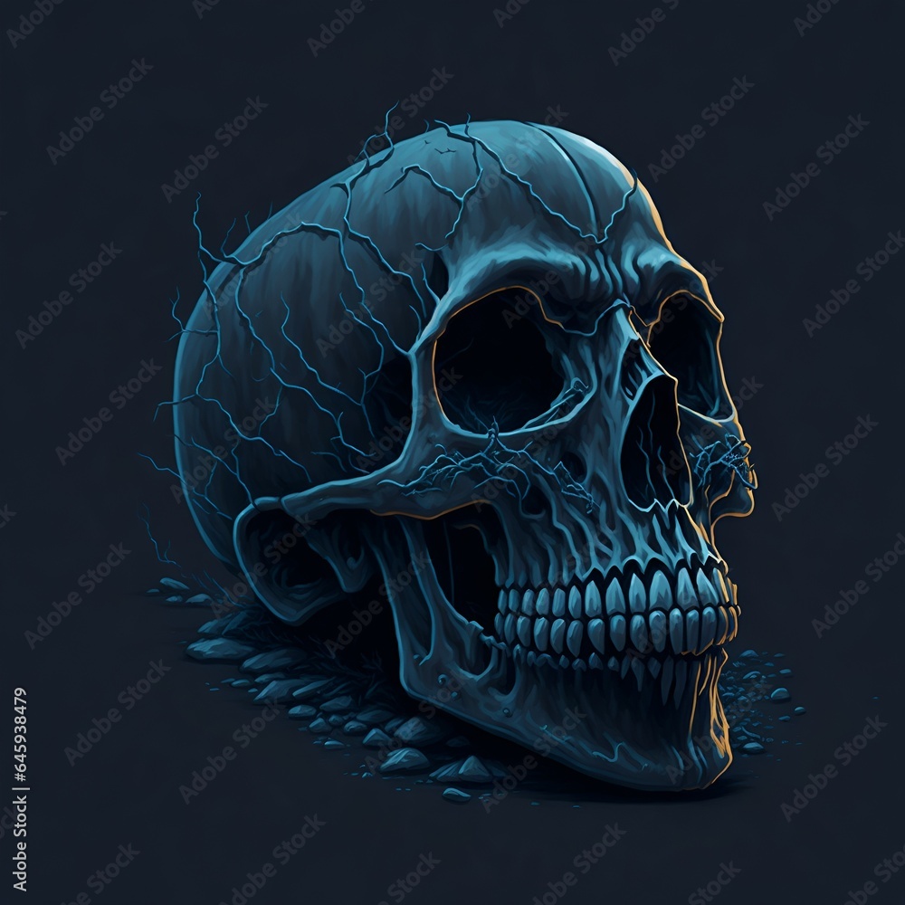 Realistic human skull in gothic entourage. Illustration of a beautiful skull for halloween. Fantasy style. Concept for games and poster design. Generative AI. Realistic human skull in gothic entourage. Illustration of a beautiful skull for halloween. Fantasy style. Concept for games and poster design. Generative AI.