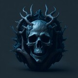 Realistic human skull in gothic entourage. Illustration of a beautiful skull for halloween. Fantasy style. Concept for games and poster design. Generative AI.