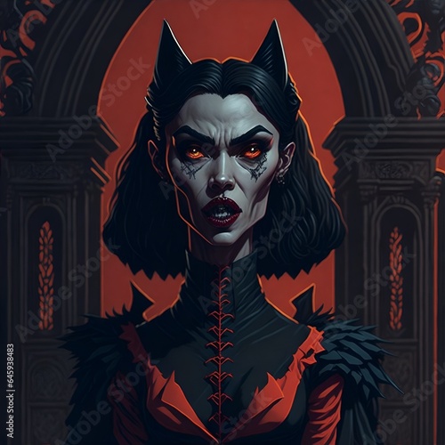 Illustration of a bat girl in the image of a vampire. A beautiful gothic, fabulous image of a bloodsucker. Character design for game and design projects. Generative AI.