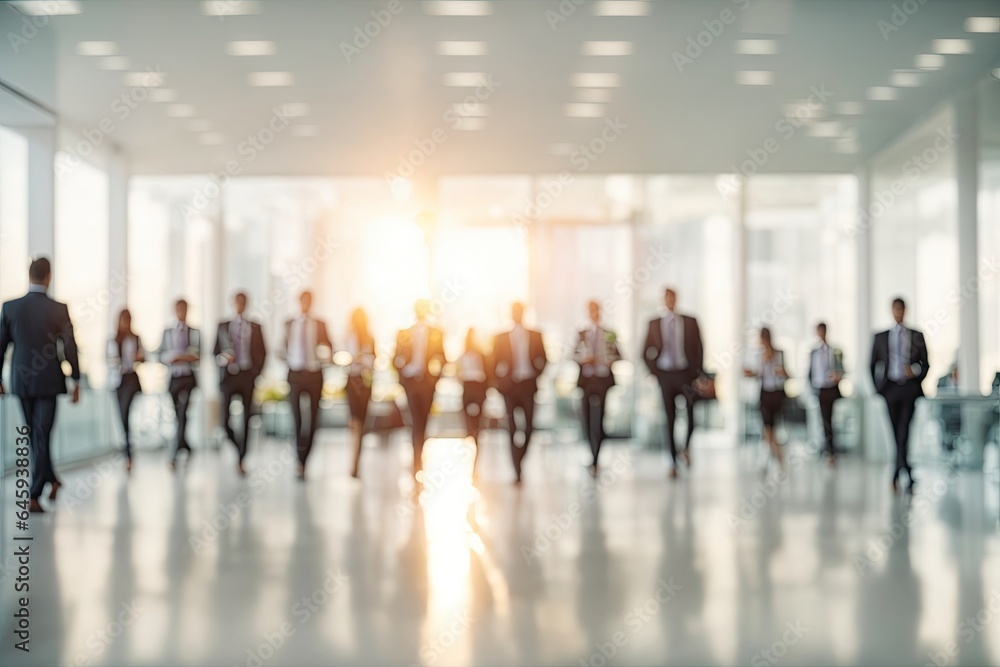 blurred business people in white glass office background. ai generative