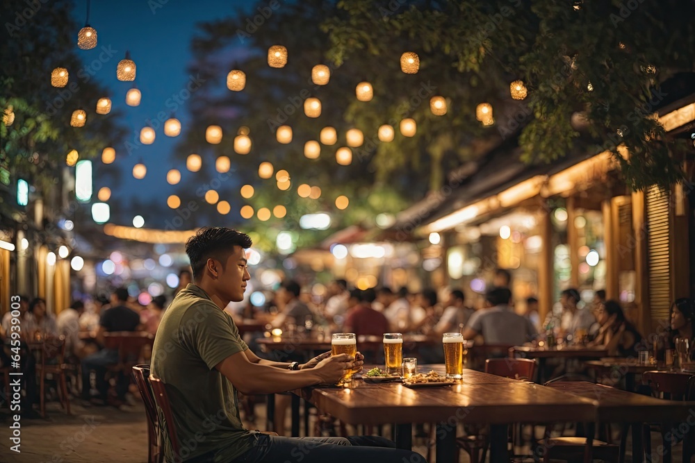 Bokeh background of Street Bar beer restaurant outdoor. ai generative