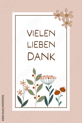 Vielen lieben Dank - Schriftzug in deutscher Sprache. Danksagungskarte mit hübschen Blumen und roséfarbenem Rahmen.