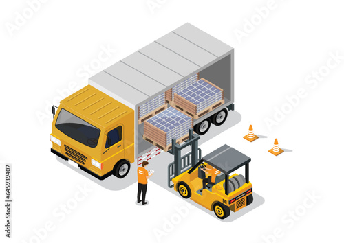 Loading solar panels and unloading of cargo with forklift truck and workers. Business concept. Isometric vector