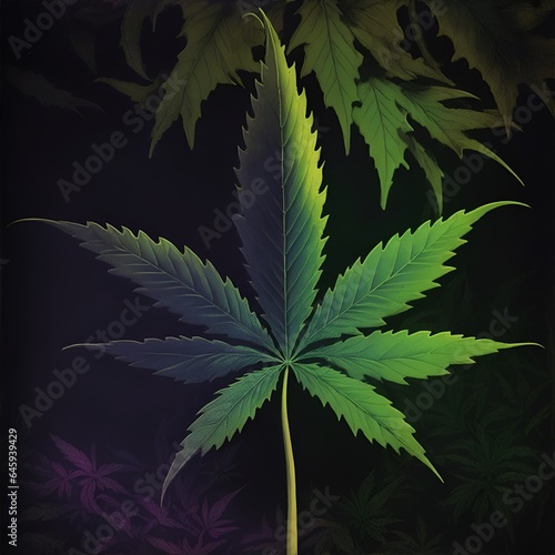 Cannabis, medicinal plant. Decorative digital 2D painting. Color illustration for background. Picturesque portrait for the interior. Wall mural, poster or picture for home. Generative AI.