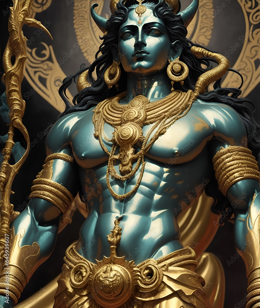 Statue of Lord Shiva. Decorative digital 2D painting. Color illustration for background. Picturesque portrait for the interior. Wall mural, poster or picture for home. Generative AI. Statue of Lord Shiva. Decorative digital 2D painting. Color illustration for background. Picturesque portrait for the interior. Wall mural, poster or picture for home. Generative AI.