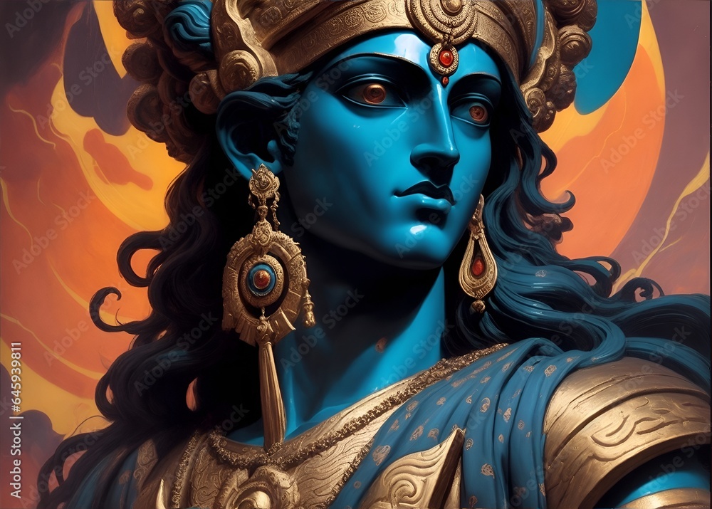 God Rama. Decorative digital 2D painting. Color illustration for background. Picturesque portrait for the interior. Wall mural, poster or picture for home. Generative AI. - obrazy, fototapety, plakaty 