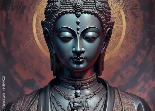 Statue of God Buddha. Decorative digital 2D painting. Color illustration for background. Picturesque portrait for the interior. Wall mural, poster or picture for home. Generative AI.
